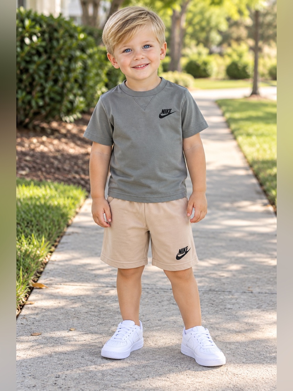 Nike Boys 2PC Set Size 4 NWT Olive Shirt Tan Shorts Logo Front & Back Outfit